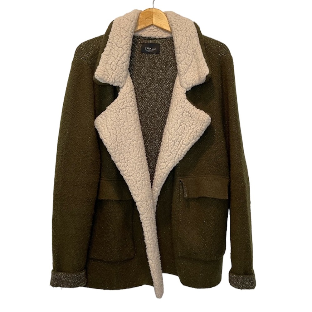 Zara Knit Coat Jacket Shearling Sherpa Oversized Green Cream Women’s Size Small